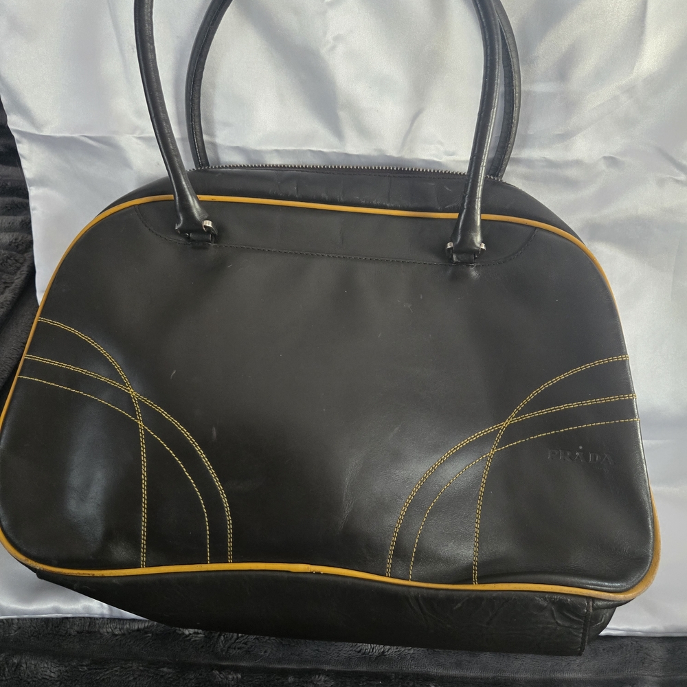 **Prada Brown Leather Tote with Yellow Trim